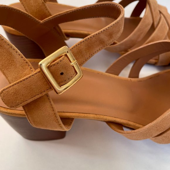 Rivecour Suede Sandals Brown Tan Leather $222 NEW Cross Stack Heel Block Ankle - Picture 5 of 12